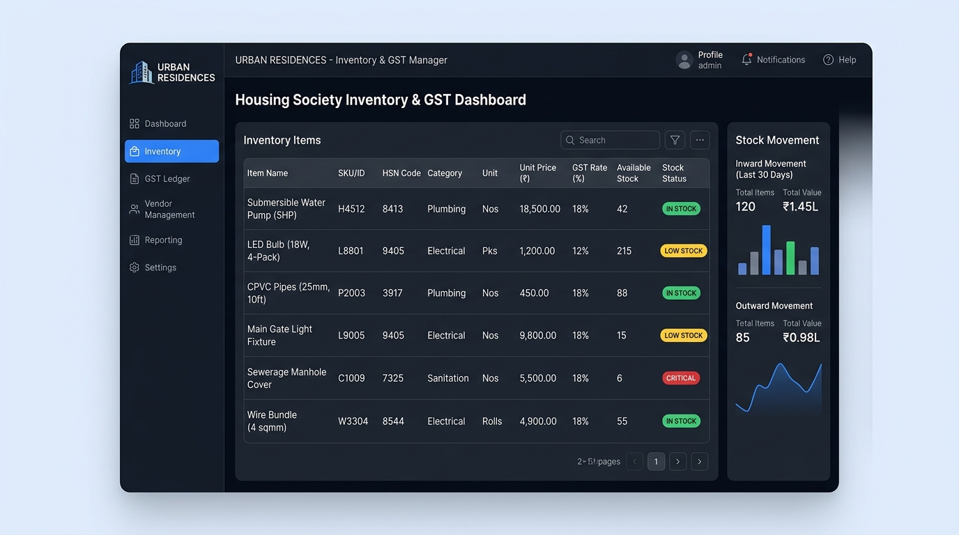 Nisavi inventory and GST compliance dashboard showing stock items, HSN codes, and tax rates
