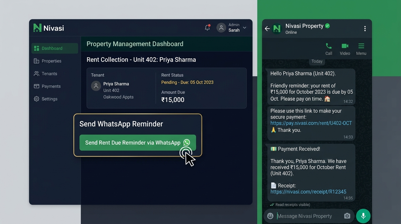 Nisavi WhatsApp integration showing automated rent reminder and payment confirmation