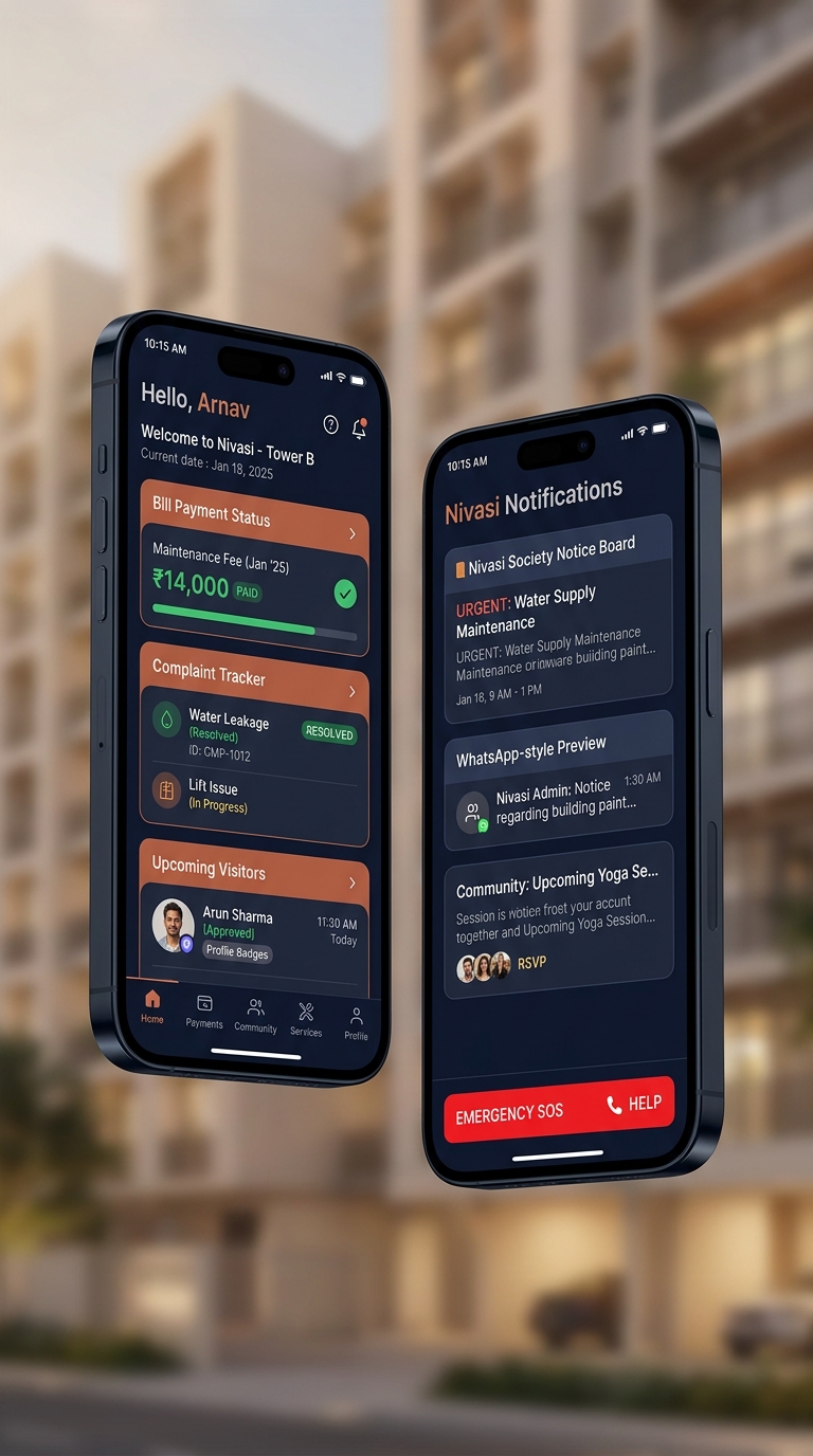 Nisavi mobile app showing resident dashboard with bills, complaints, and visitor management